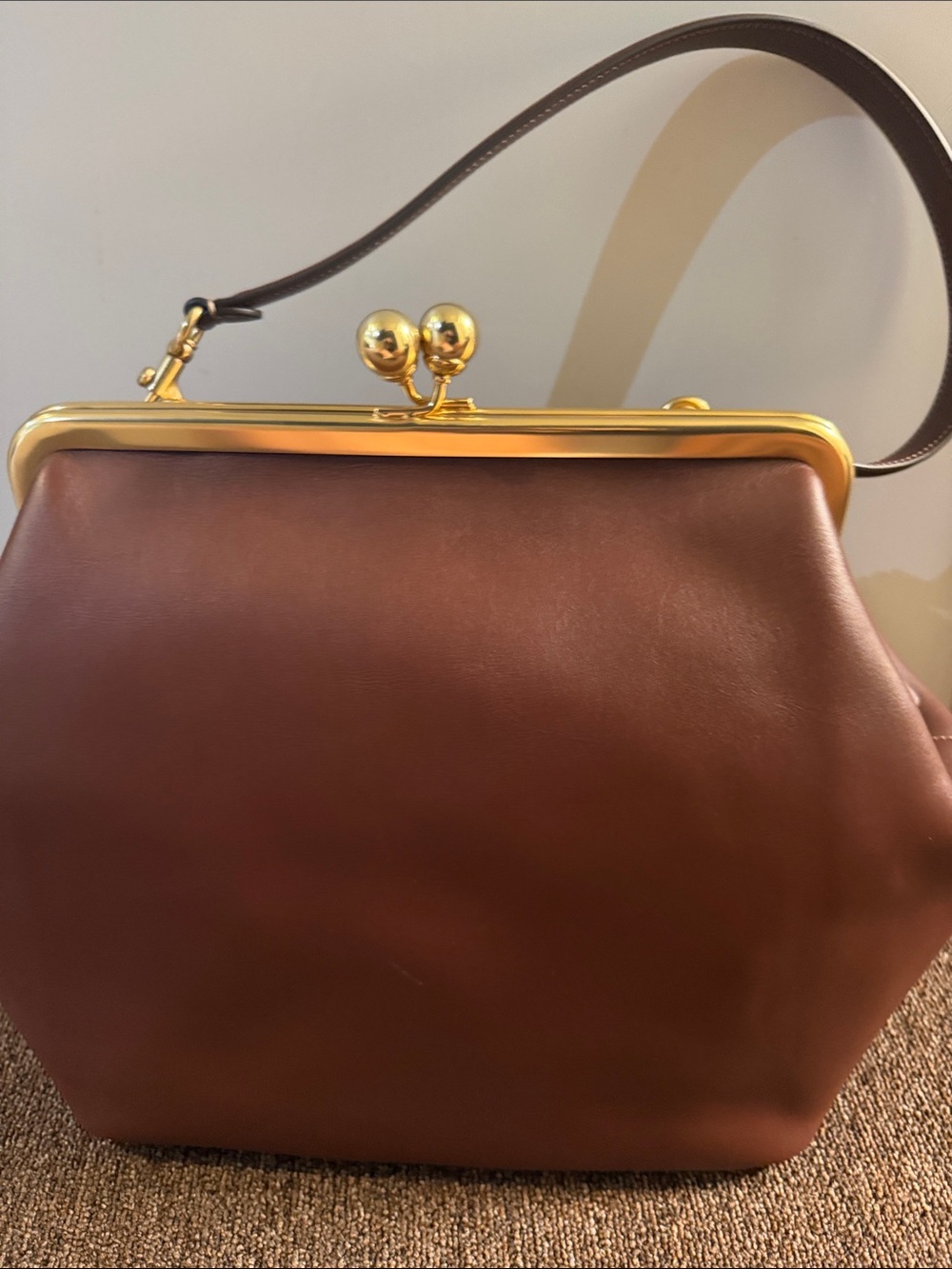 Coach Brown Leather Kiss-Lock Shoulder Bag with Gold Frame